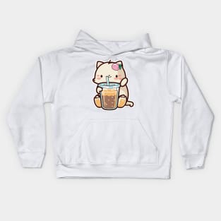 Cute Cat Drinking Bubble Tea Cartoon Boba Drawing Kids Hoodie